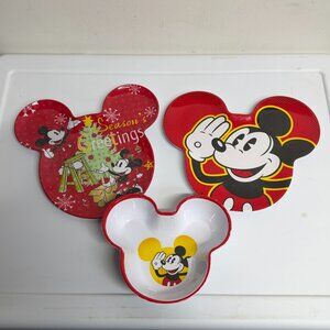 Disney Mickey Mouse Ears Plastic Plates & Bowl Cute Season's Greetings Christmas